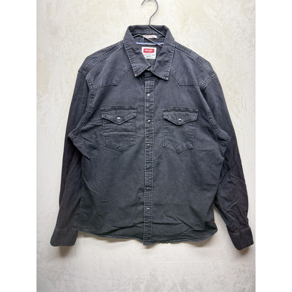 Wrangler Western Denim Shirt Mens Large Black Pearl Snap Long Sleeve Cowboy Flex